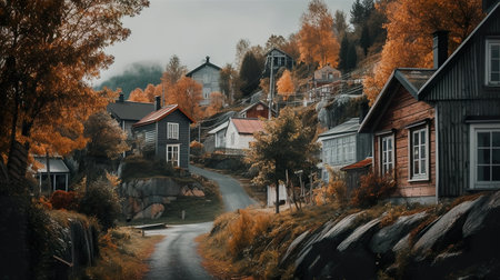 Scandinavian village, little town with Autumn trees reflected in calm water, AI generative calm peaceful landscape viewの素材