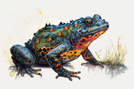 Oriental fire bellied toad in style of watercolor pencils on white paper, AI generative illustrationの写真素材