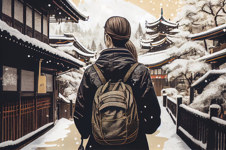 Back view of a tourist in historic Japanese city in winter under snow, AI generative artの素材