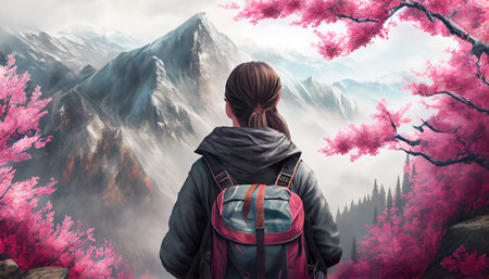 Back view of a tourist hiking in misty Chinese mountains inSpring with Magnolia in bloom, AI generative artの素材