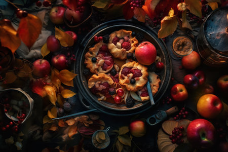 Apple pie in iron skillet overhead, black tea in glass cups, red apples, autumn leaves on the table, flat lay, overhead, AI generativeの素材