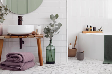 Stylish bathroom with zero waste beauty products. low impact lifestyle, eco green living, AI generativeの素材