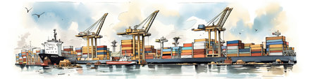 Panoramic banner, cargo container terminal, transportation, logistics, cargo port, AI generative watercolor illustrationの素材
