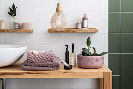 Stylish bathroom with zero waste beauty products. low impact lifestyle, eco green living, AI generativeの素材