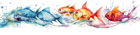 Divider colorful fish, water waves, bubbles and splashes, watercolor style, multicolor composition on off white background, AI generative panoramic bannerの素材