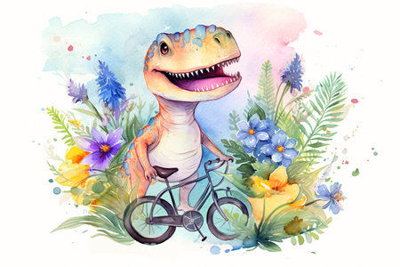 Cute funny Tyrannosaurus Rex dinosaur in a hat riding old-fashioned bicycle, AI generative clip artの素材