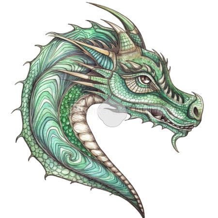Green dragon with golden spikes on head, AI generative watercolor pencil style on white backgroundの素材