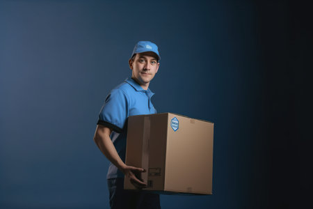 Delivery service male worker, man in uniform with cardboard box in hands on blue background, AI generativeの素材