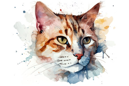 Ginger cat looking up, watercolor drawing on white background, AI generative illustrationの素材