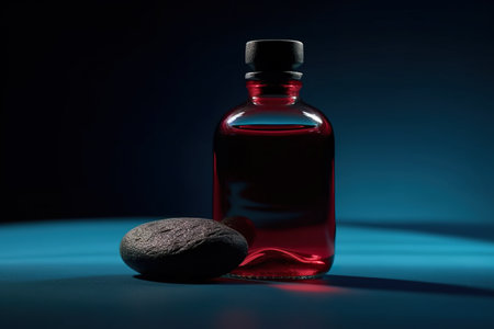 Mockup of a beauty product amber glass bottle with wild black lava stones on cyan background, product photography, AI generativeの素材