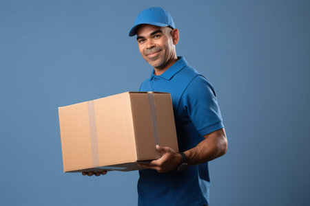 Delivery service male worker, latin-american man in uniform with cardboard box in hands on blue background, AI generativeの素材