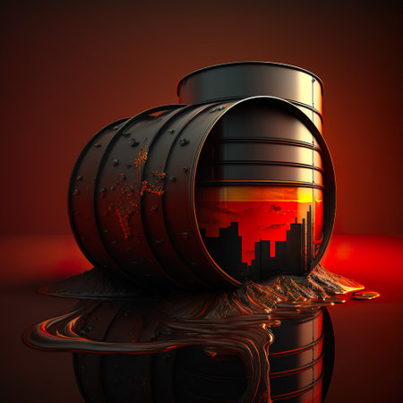 Cityscape on oil or gasoline barrels on dark gradient background, concept illustration, AI generative industrial designの素材