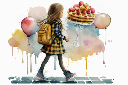 Watercolor drawing of a cute little girl with balloons and flying belgian waffle, AI generative illustration for birthday of mothers day greeting cardの素材