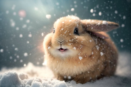 Cute bunny playing in snow, very happy pet, Christmas winter greeting card, wintertime AI generativeの素材