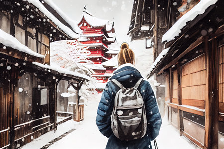 Back view of a tourist in historic Japanese city in winter under snow, AI generative artの素材