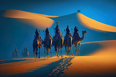 Majestic silhouettes of camels in a caravan, trekking through the desert at sunset, exotic adventure, AI generative.の素材