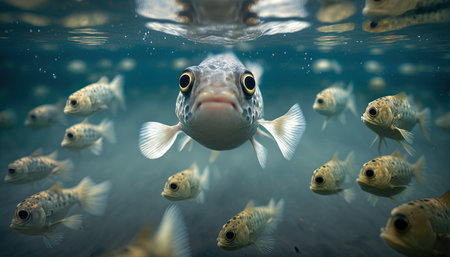 Sad scared little fish in group of others. Concept AI generative illustration of school or workplace bullying, agression against vulnerable atypical victim.の素材