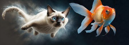 Cat swimming underwater to catch scared orange fish below water surface, surreal AI generative panoramic bannerの素材