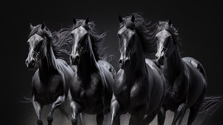 Four big black horses running along on black background, AI generativeの素材