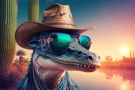 Funky lama character in mirror sunglasses, vibrant colors, 80s vibe, AI generative illustrationの素材