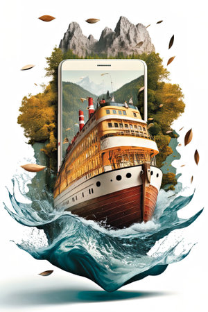 Explore the world by cruise ship with ease, concept image for travel booking online or via phone app, AI generative surreal illustrationの素材