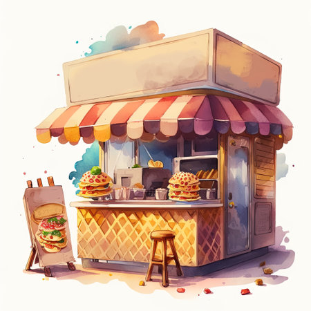Cute waffle stall. AI generative watercolor illustration, suitable for postcards, stickers.の素材