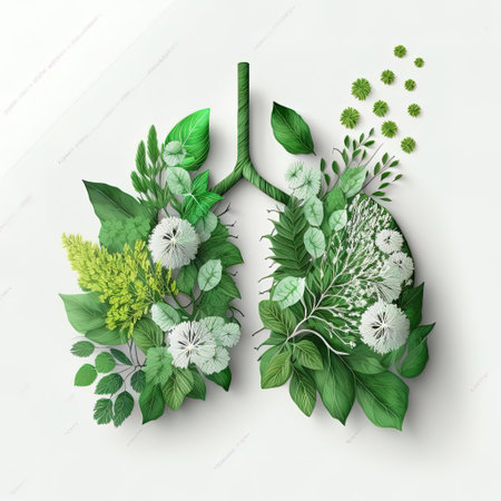 Lungs made of leaves and flowers, green lung, healthy respiratory system, green paper art, anatomical diagram of human lung, AI generativeの素材