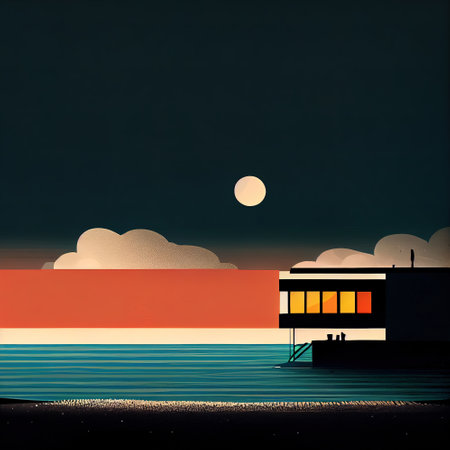 Seaside house at night, minimalistic modern illustration, AI generativeの素材