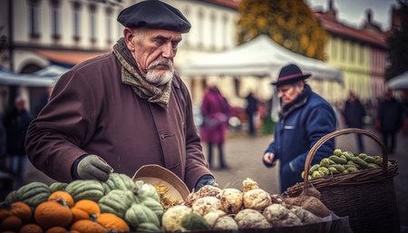 Old European man in hat selling vegetables at street market outdoors, AI generativeの素材