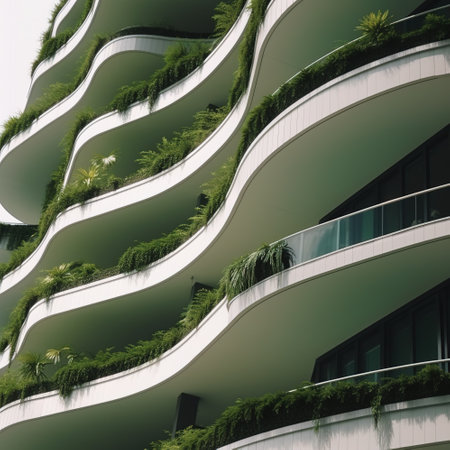 ESG green buildings and offices filled with greenery, simple minimal vertical garden on building, AI generative.の素材