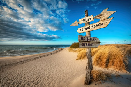 Wooden signs that read Relax, To the Beach, Strand, Drinks, Sea coast with grass on dunes, sandy beach and sea, AI generativeの素材