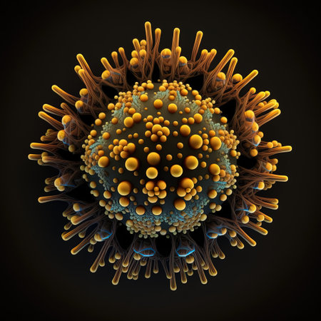 Imaginary 3d view of symmetrical coronavirus in orange and yellow colors on black background, AI generative design elementの素材