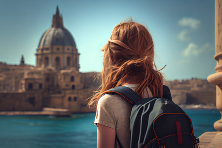 Back view of a tourist travelling in Malta, AI generative artの素材