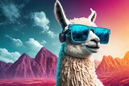 Funky anthropomorphic lama character in leather jacket and mirror sunglasses. Hippie traveler illustration in bold pink, orange and mint green colors, synthwave style, 80s vibe, AI generativeの素材