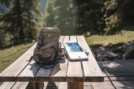 Portable Solar Panel Charging Mobile Device on Rustic Table, Backpack, Stunning Mountain View, AI Generativeの素材
