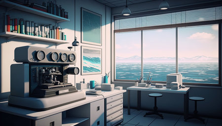 Scientific, research laboratory, pharma, biotech lab interior, sea, ocean view, marine biology, biochemistry research, AI generativeの素材