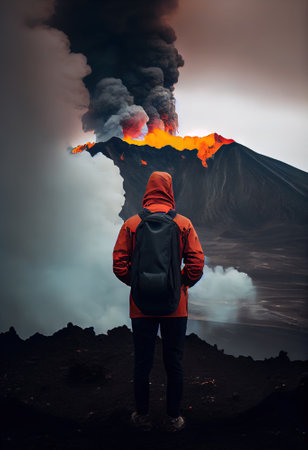 Back view of a tourist watching active volcano, AI generative artの素材