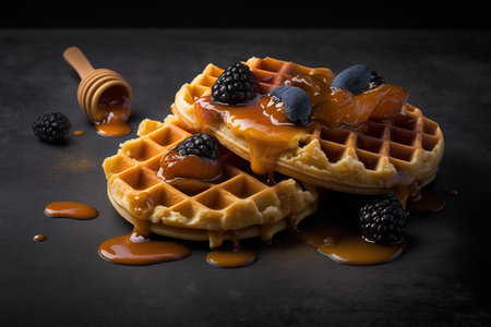 Belgian waffle with whipped cream, icecream, berries and tasty caramel sauce, AI generativeの素材