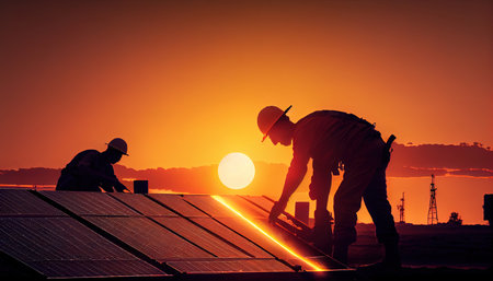 People, silhouette of workers assembling solar panels on a sunset, AI generativeの素材