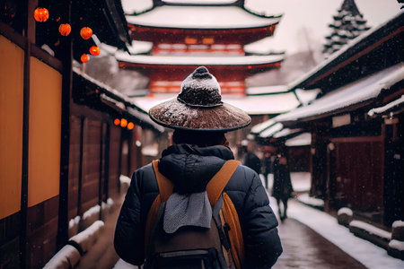 Back view of a tourist in historic Japanese city in winter under snow, AI generative artの素材