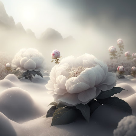 Gorgeous white peony flowers in mist, AI generative flower illustrationの素材