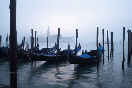 Romantic view of gondolas in Venice, Italy shrouded by misty sea, AI Generativeの素材