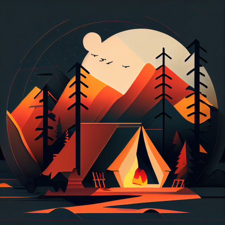 Tent in the mountains at night, minimalistic modern illustration, AI generativeの素材
