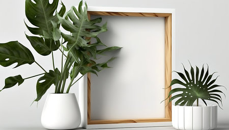 Mockup, wooden frame on shelf with house plants indoors, AI generative. Space for your text, lettering, greeting, captionの素材