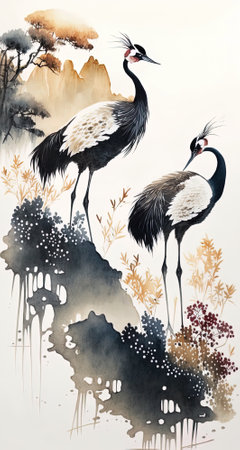 Pair of red crowned cranes in mist, Chinese ink painting style, AI generativeの素材