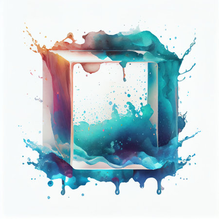 Watercolor transparent cube, circular multicolor paint splatter design element on white paper, Generative AIの素材