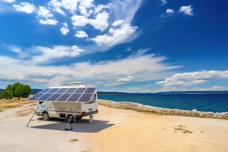 Portable solar panel and battery providing off-grid power generation to a camper van and small caravan parked on a sea shore, AI generative.の素材