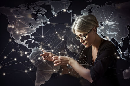 European business woman, manager, engineer, developer in front of complex glowing network. Big data, logistics, technology presentation concept, AI generativeの素材