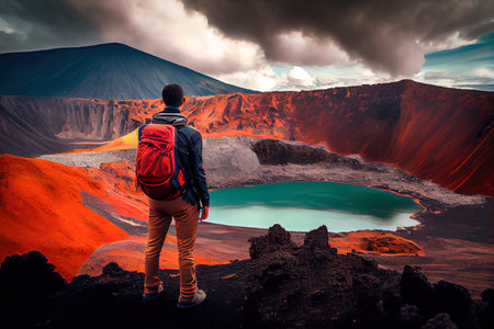 Back view of a tourist watching active volcano crater, AI generative artの素材