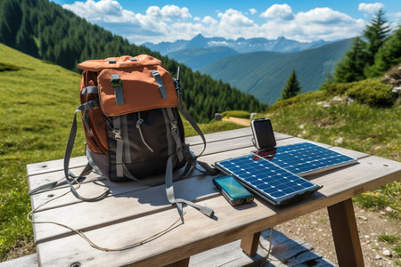 Portable Solar Panel Charging Mobile Device on Rustic Table, Backpack, Stunning Mountain View, AI Generativeの素材